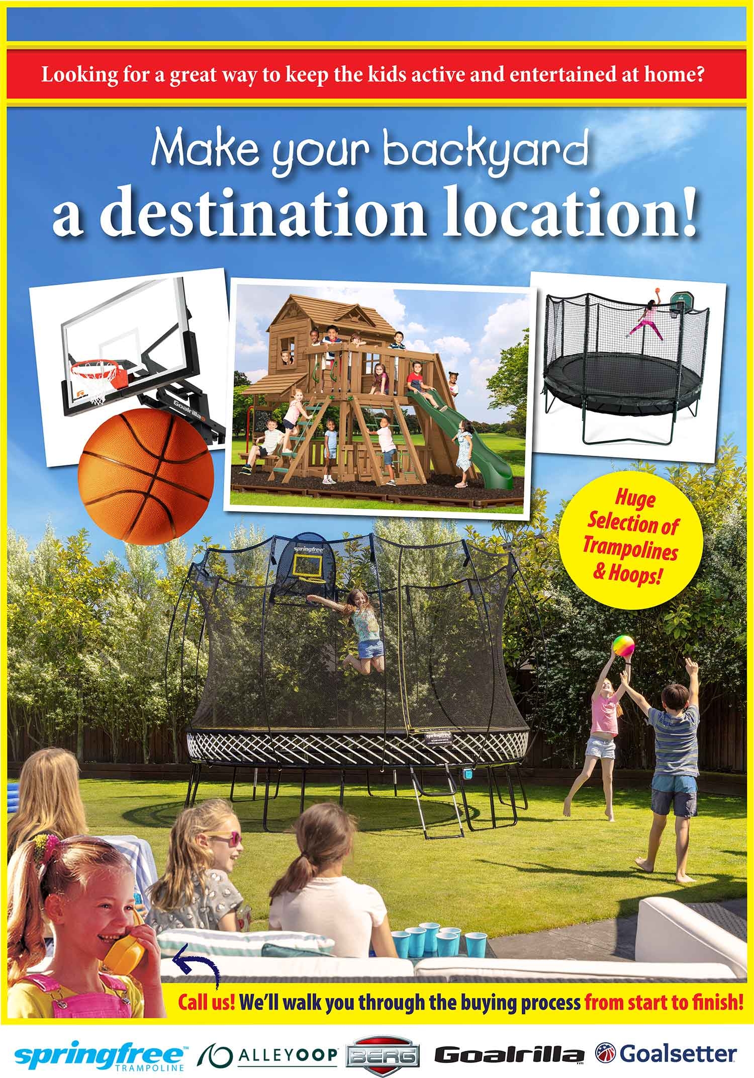 Make your backyard a destination location swing sets playsets trampolines basketball hoops